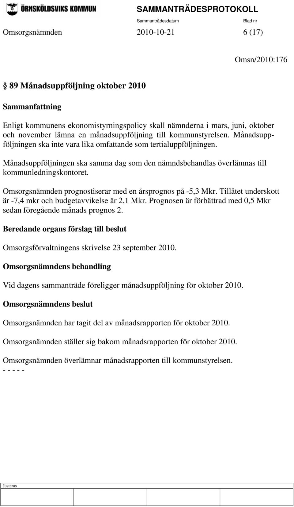 Månadsuppföljningen ska samma dag som den nämndsbehandlas överlämnas till kommunledningskontoret. Omsorgsnämnden prognostiserar med en årsprognos på -5,3 Mkr.