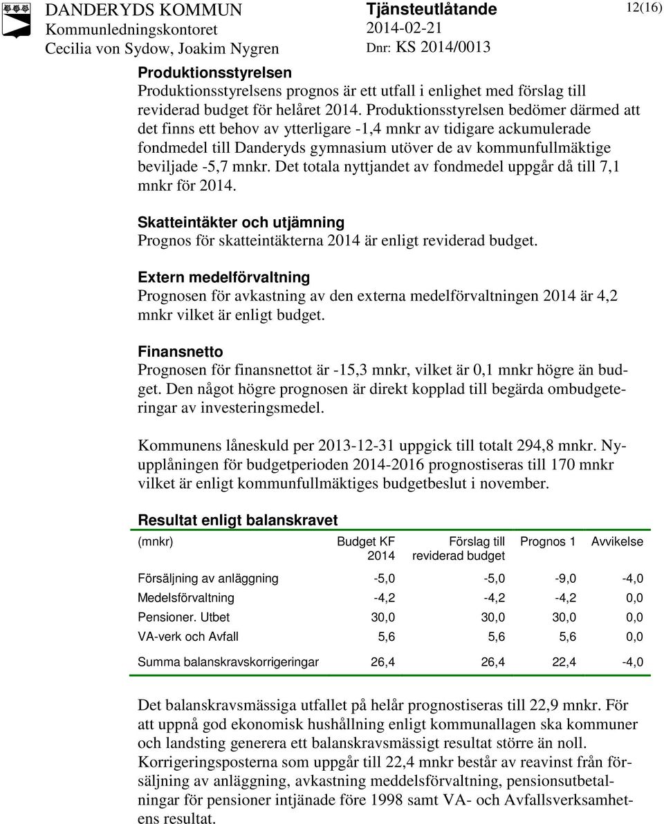 Det totala nyttjandet av fondmedel uppgår då till 7,1 mnkr för 2014. Skatteintäkter och utjämning Prognos för skatteintäkterna 2014 är enligt reviderad budget.