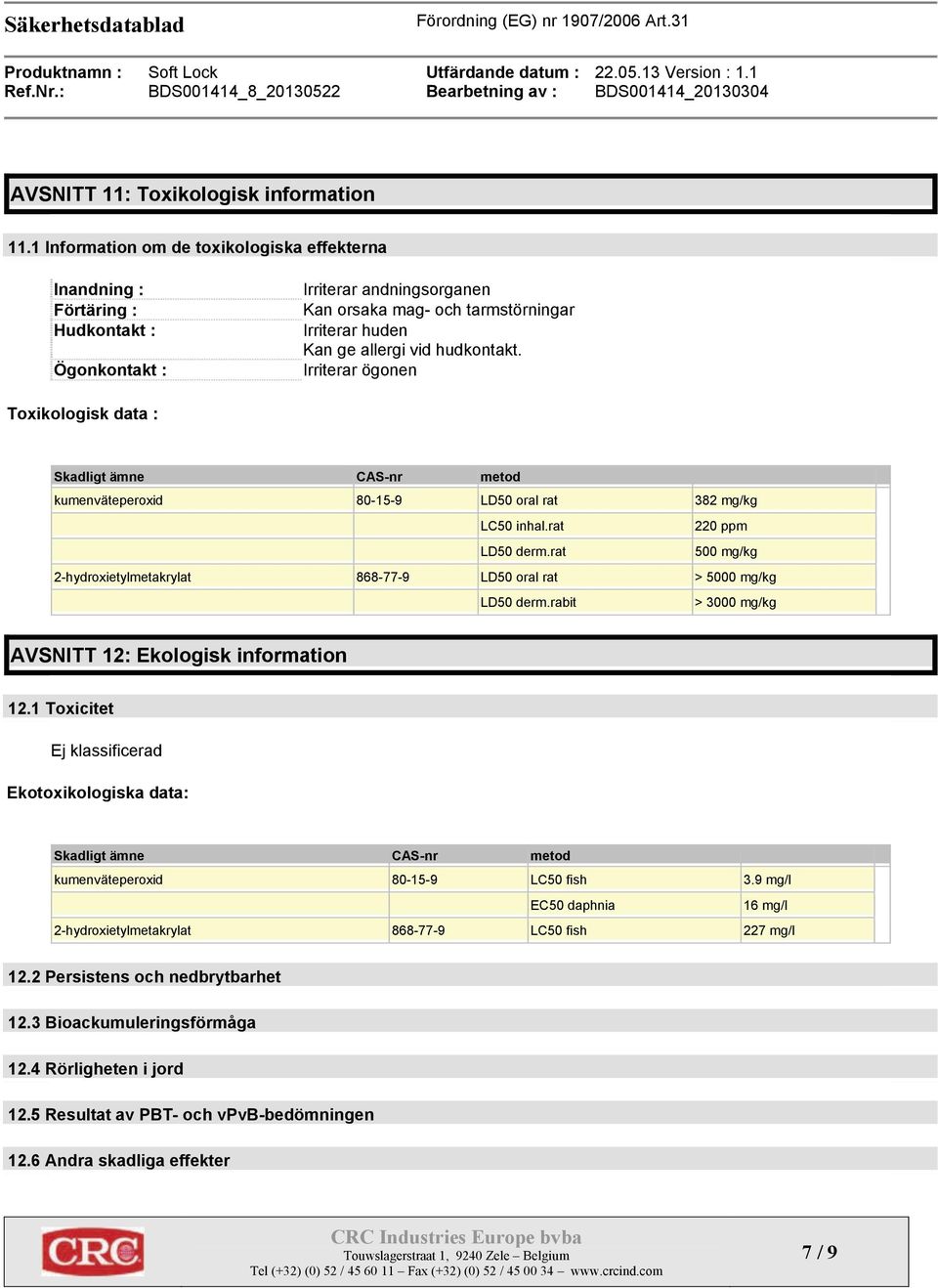 hudkontakt. Irriterar ögonen Toxikologisk data : Skadligt ämne CAS-nr metod kumenväteperoxid 80-15-9 LD50 oral rat 382 mg/kg LC50 inhal.rat 220 ppm LD50 derm.