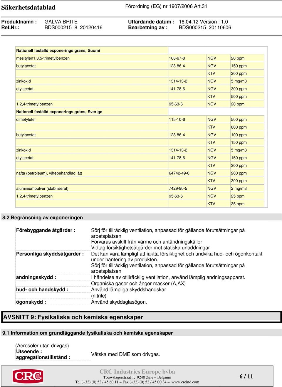 zinkoxid 1314-13-2 NGV 5 mg/m3 etylacetat 141-78-6 NGV 150 ppm KTV 300 ppm nafta (petroleum), vätebehandlad lätt 64742-49-0 NGV 200 ppm KTV 300 ppm aluminiumpulver (stabiliserat) 7429-90-5 NGV 2