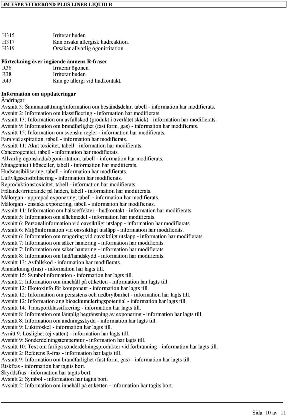 Information om uppdateringar Ändringar: Avsnitt 3: Sammansättning/information om beståndsdelar, tabell - information har modifierats.