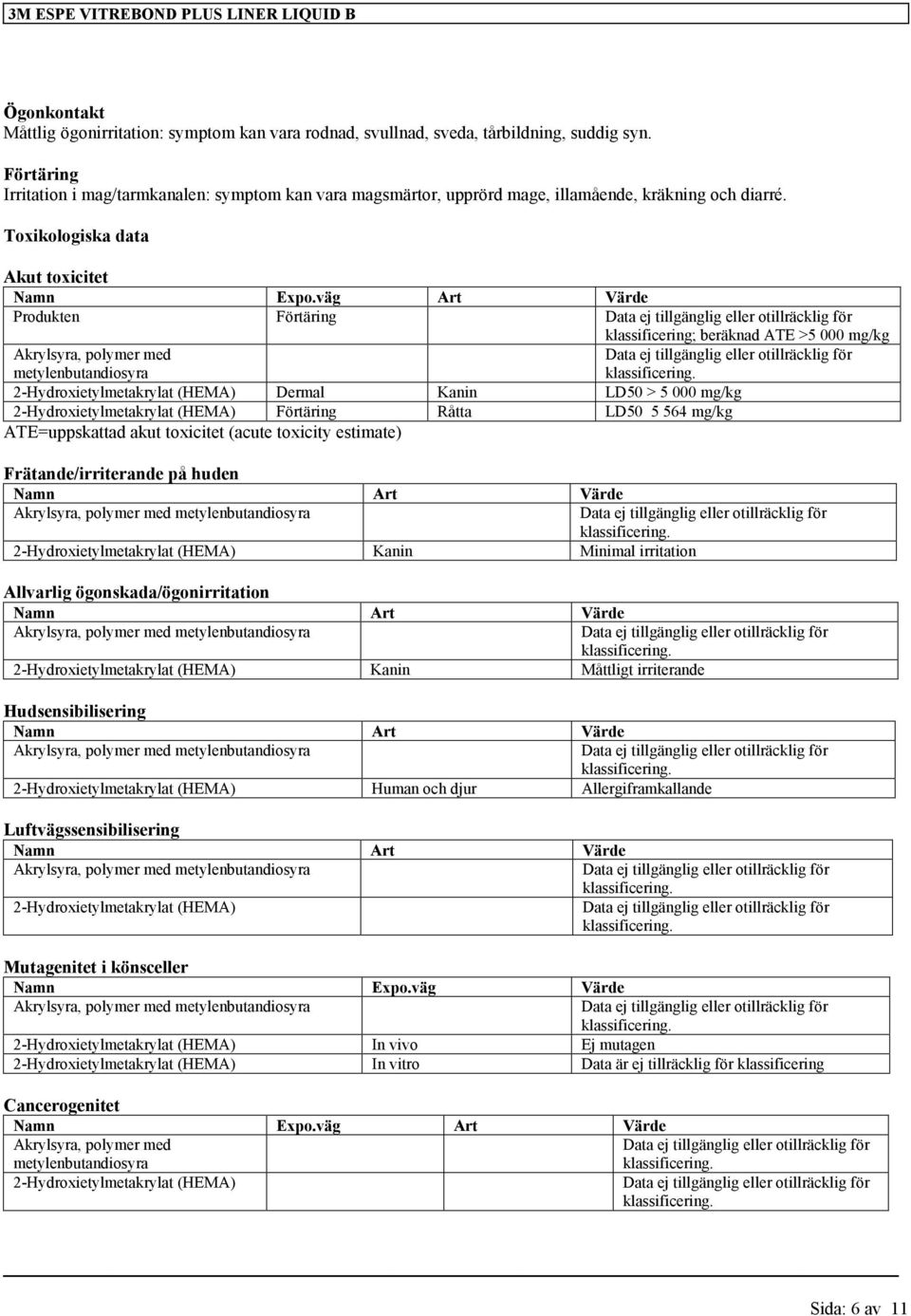 väg Art Värde Produkten Förtäring klassificering; beräknad ATE >5 000 mg/kg Akrylsyra, polymer med metylenbutandiosyra Dermal Kanin LD50 > 5 000 mg/kg Förtäring Råtta LD50 5 564 mg/kg ATE=uppskattad