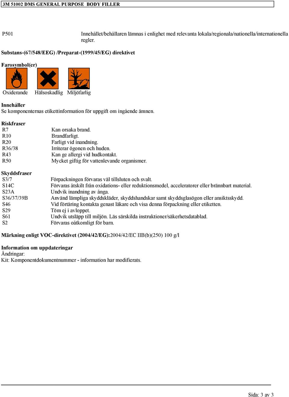 Riskfraser R7 Kan orsaka brand. R10 Brandfarligt. R20 Farligt vid inandning. R36/38 Irriterar ögonen och huden. R43 Kan ge allergi vid hudkontakt. R50 Mycket giftig för vattenlevande organismer.