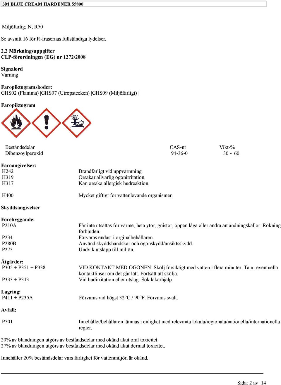 Dibenzoylperoxid 94-36-0 30-60 Faroangivelser: H242 H319 H317 H400 Brandfarligt vid uppvärmning. Orsakar allvarlig ögonirritation. Kan orsaka allergisk hudreaktion.