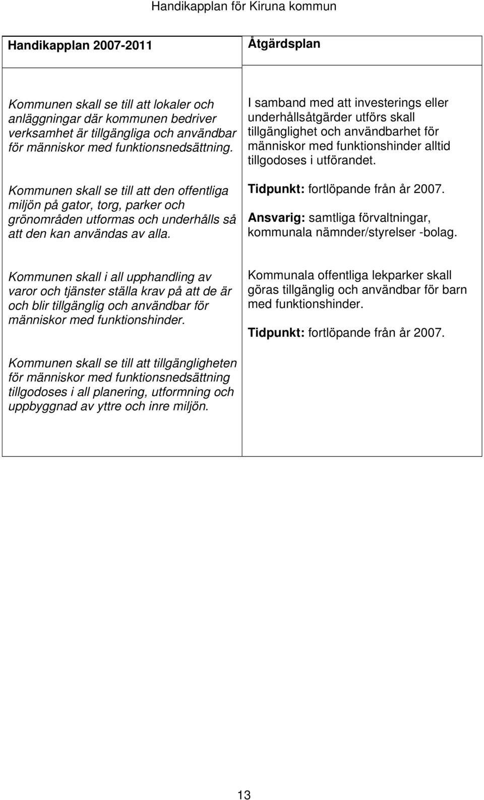 I samband med att investerings eller underhållsåtgärder utförs skall tillgänglighet och användbarhet för människor med funktionshinder alltid tillgodoses i utförandet.