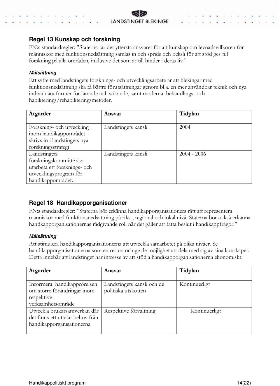 Målsättning Ett syfte med landstingets forsknings- och utvecklingsarbete är att blekingar med funktionsnedsättning ska få bättre förutsättningar genom bl.a. en mer användbar teknik och nya individnära former för lärande och sökande, samt moderna behandlings- och habiliterings/rehabiliteringsmetoder.