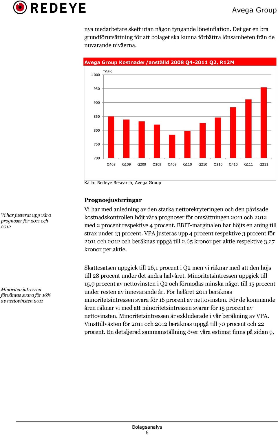 våra prognoser för 2011 och 2012 Prognosjusteringar Vi har med anledning av den starka nettorekryteringen och den påvisade kostnadskontrollen höjt våra prognoser för omsättningen 2011 och 2012 med 2