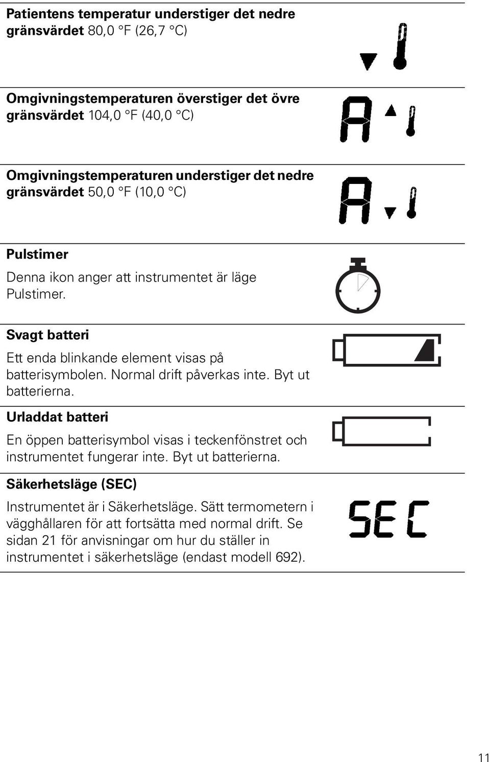 Normal drift påverkas inte. Byt ut batterierna. Urladdat batteri En öppen batterisymbol visas i teckenfönstret och instrumentet fungerar inte. Byt ut batterierna. Säkerhetsläge (SEC) Instrumentet är i Säkerhetsläge.