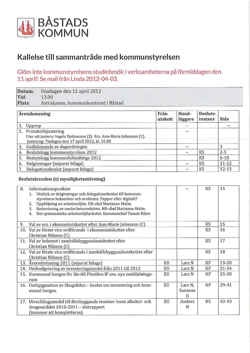 Protokollsjustering -- J tur att justera: Ingela Stefansson (S) Ers. Ann-Marie Johnsson (C). iusterine: Tisdaeen den17 anril2012, kl. 15.00 3. Godkännande av dagordningen -- l 4.