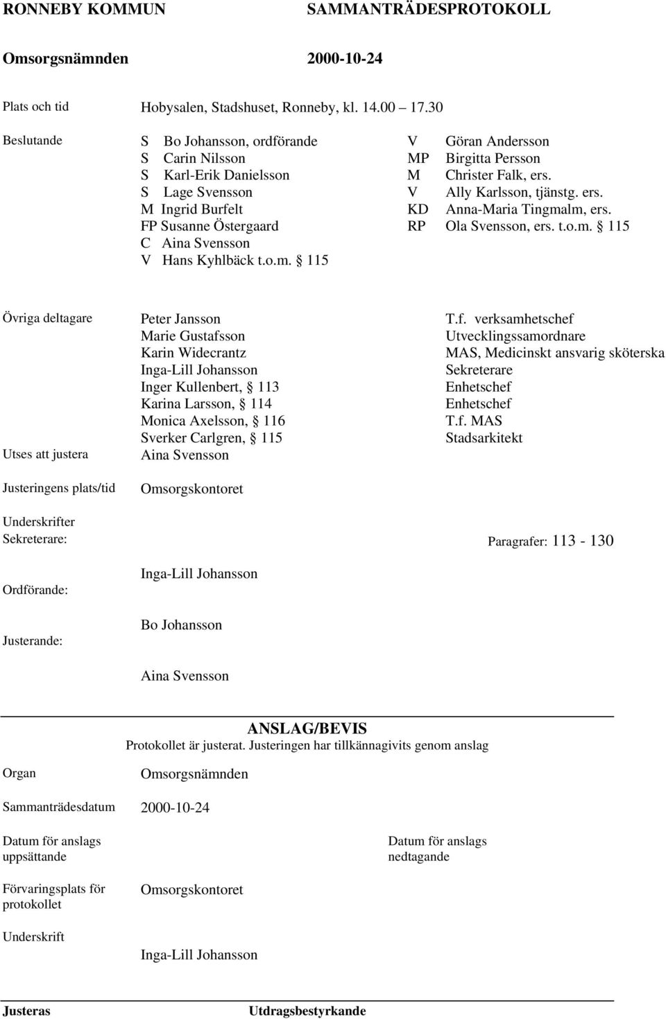 lm, ers. FP Susanne Östergaard RP Ola Svensson, ers. t.o.m. 115 C Aina Svensson V Hans Kyhlbäck t.o.m. 115 Övriga deltagare Utses att justera Justeringens plats/tid Peter Jansson Marie Gustafsson