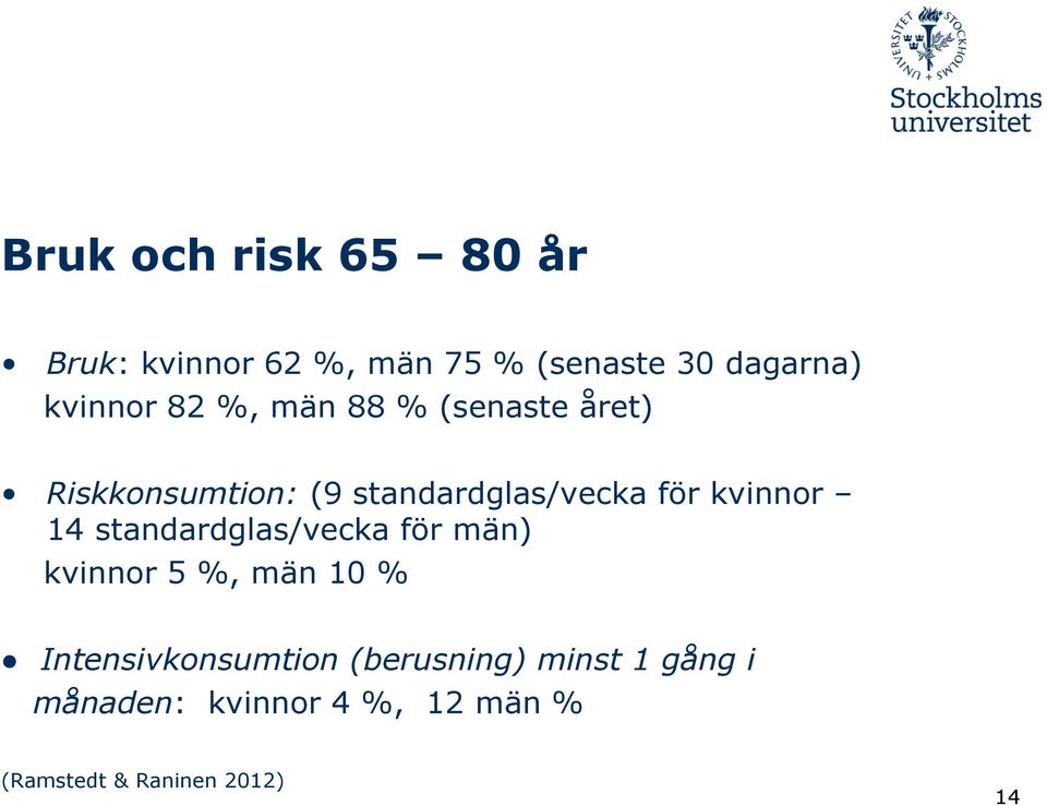 kvinnor 14 standardglas/vecka för män) kvinnor 5 %, män 10 % Intensivkonsumtion