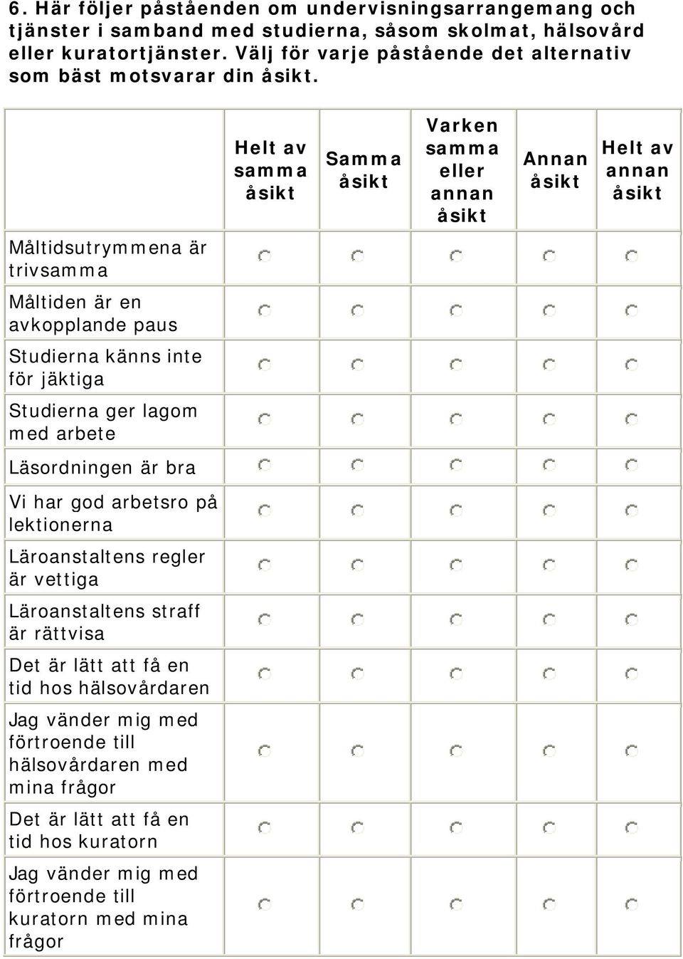 Samma Varken eller Annan Måltidsutrymmena är triv Måltiden är en avkopplande paus Studierna känns inte för jäktiga Studierna ger lagom med arbete Läsordningen är bra Vi