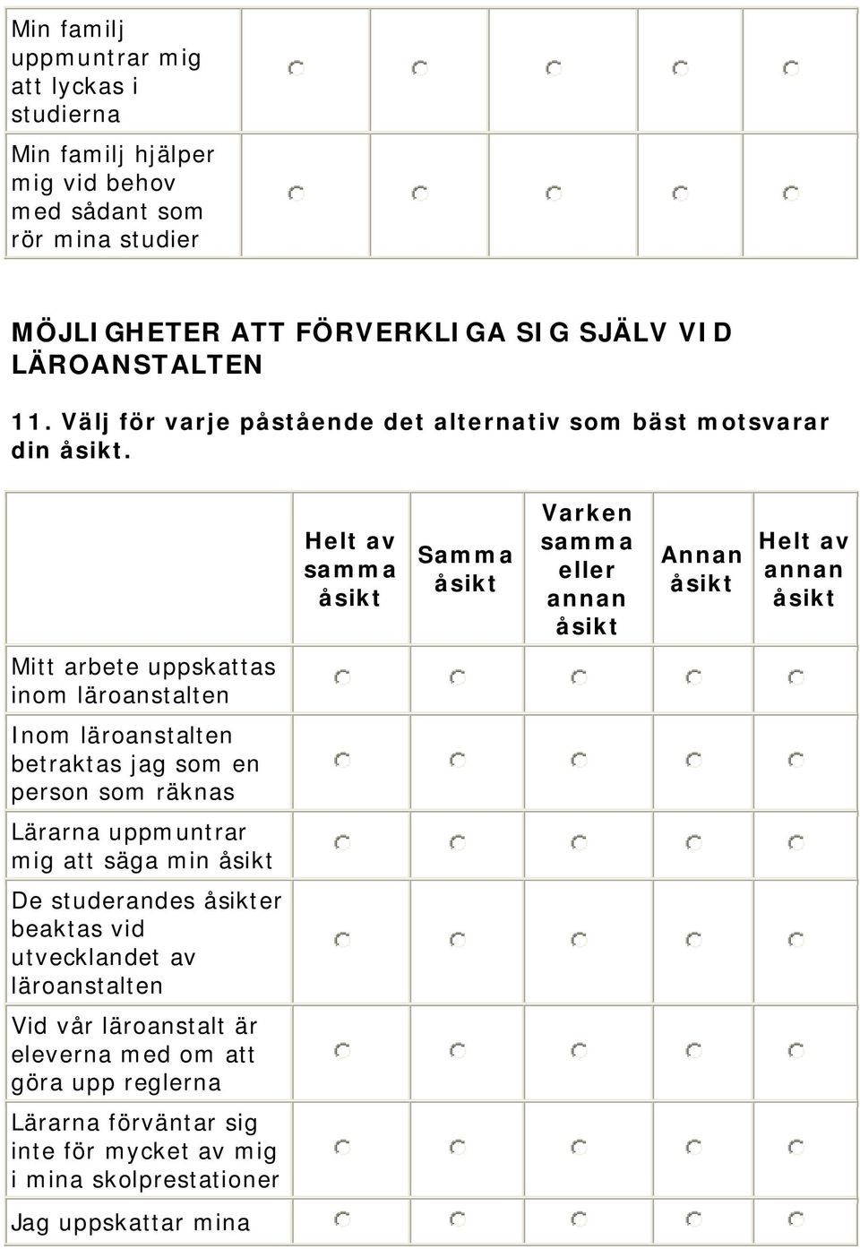 Samma Varken eller Annan Mitt arbete uppskattas inom läroanstalten Inom läroanstalten betraktas jag som en person som räknas Lärarna uppmuntrar mig att