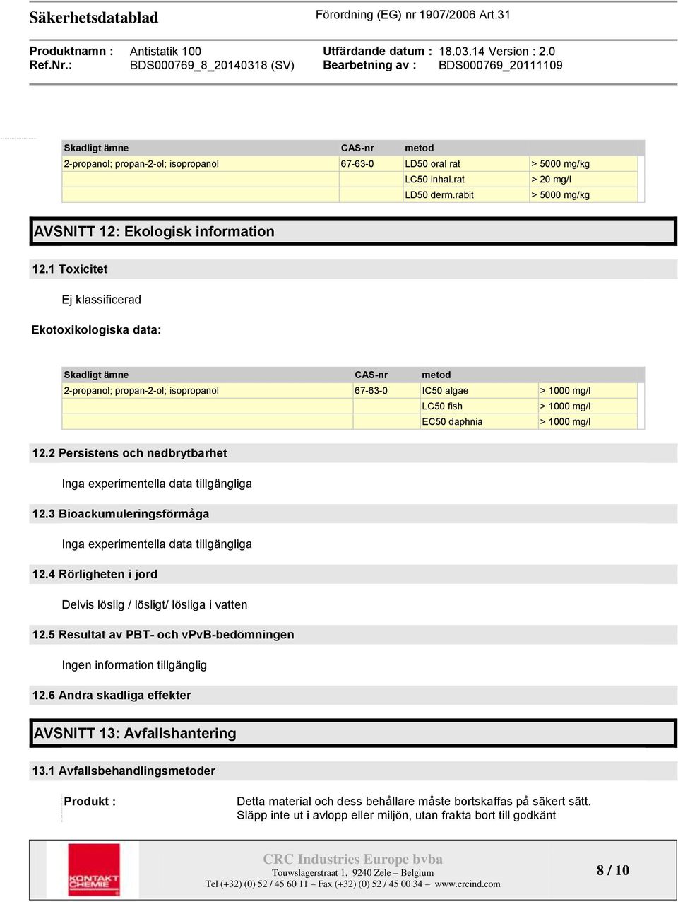 2 Persistens och nedbrytbarhet Inga experimentella data tillgängliga 12.3 Bioackumuleringsförmåga Inga experimentella data tillgängliga 12.