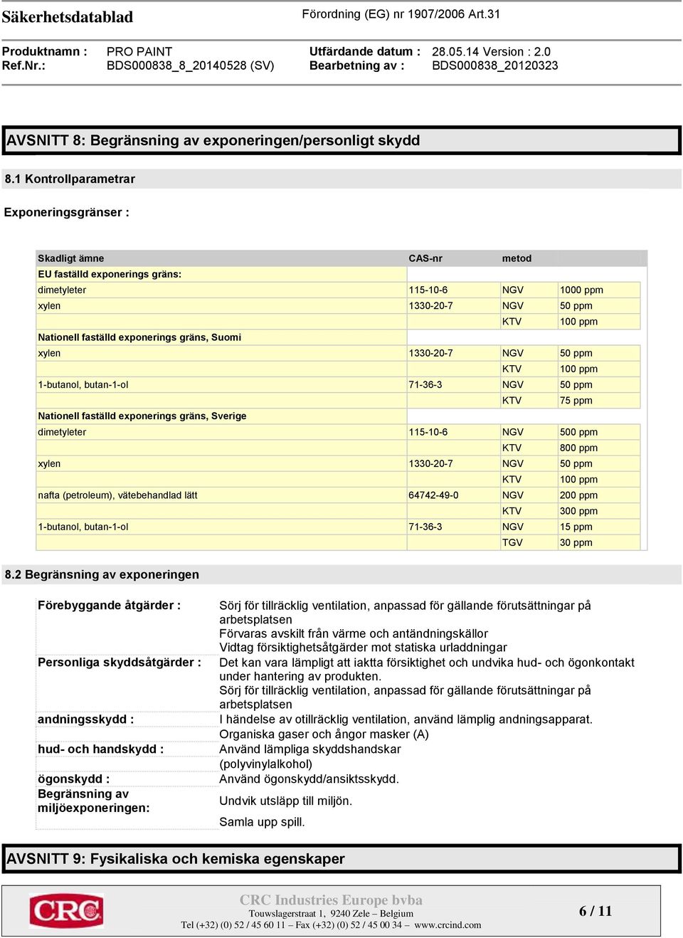 exponerings gräns, Suomi xylen 1330-20-7 NGV 50 ppm KTV 100 ppm 1-butanol, butan-1-ol 71-36-3 NGV 50 ppm KTV 75 ppm Nationell faställd exponerings gräns, Sverige dimetyleter 115-10-6 NGV 500 ppm KTV