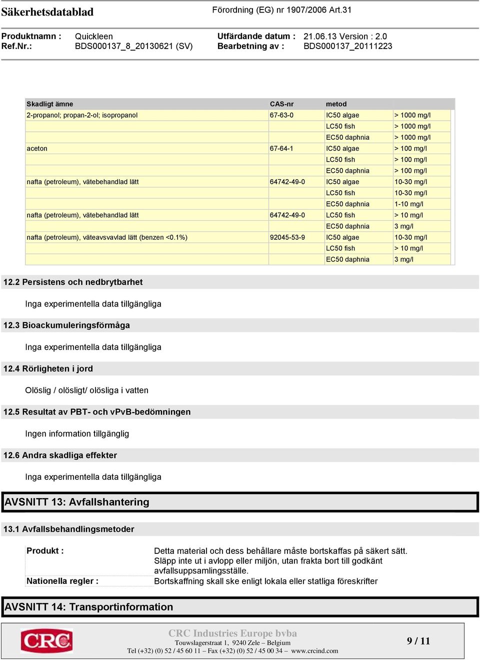 10 mg/l EC50 daphnia 3 mg/l nafta (petroleum), väteavsvavlad lätt (benzen <0.1%) 92045-53-9 IC50 algae 10-30 mg/l LC50 fish > 10 mg/l EC50 daphnia 3 mg/l 12.