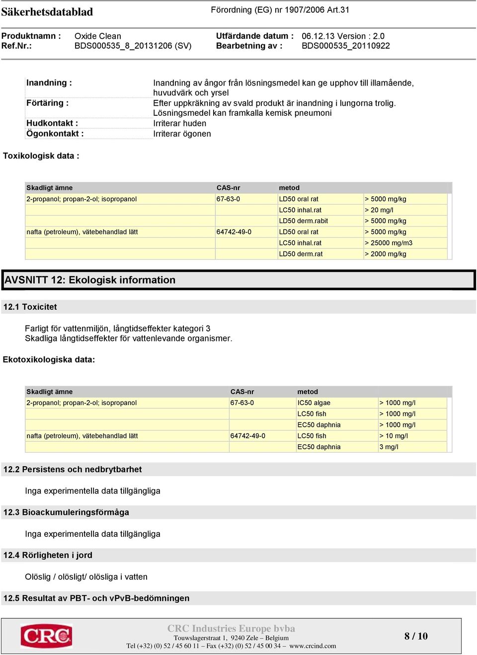 Lösningsmedel kan framkalla kemisk pneumoni Irriterar huden Irriterar ögonen Toxikologisk data : Skadligt ämne CAS-nr metod 2-propanol; propan-2-ol; isopropanol 67-63-0 LD50 oral rat > 5000 mg/kg