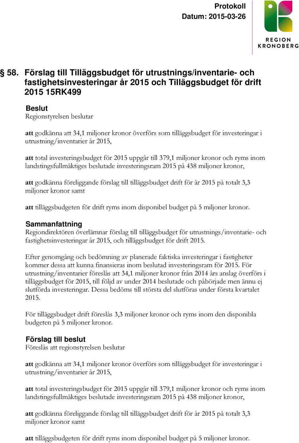 investeringsram 2015 på 438 miljoner kronor, att godkänna föreliggande förslag till tilläggsbudget drift för år 2015 på totalt 3,3 miljoner kronor samt att tilläggsbudgeten för drift ryms inom