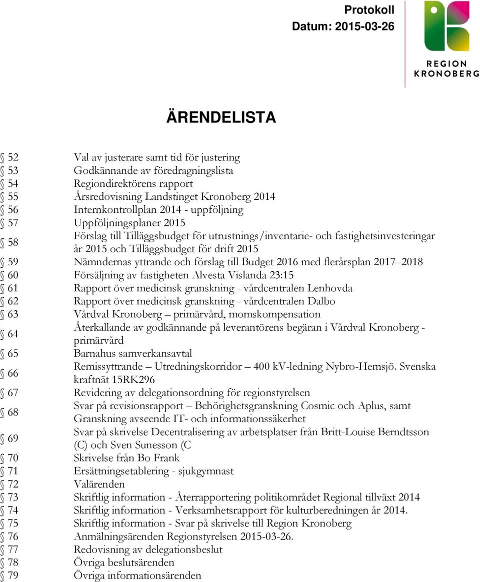 förslag till Budget 2016 med flerårsplan 2017 2018 60 Försäljning av fastigheten Alvesta Vislanda 23:15 61 Rapport över medicinsk granskning - vårdcentralen Lenhovda 62 Rapport över medicinsk