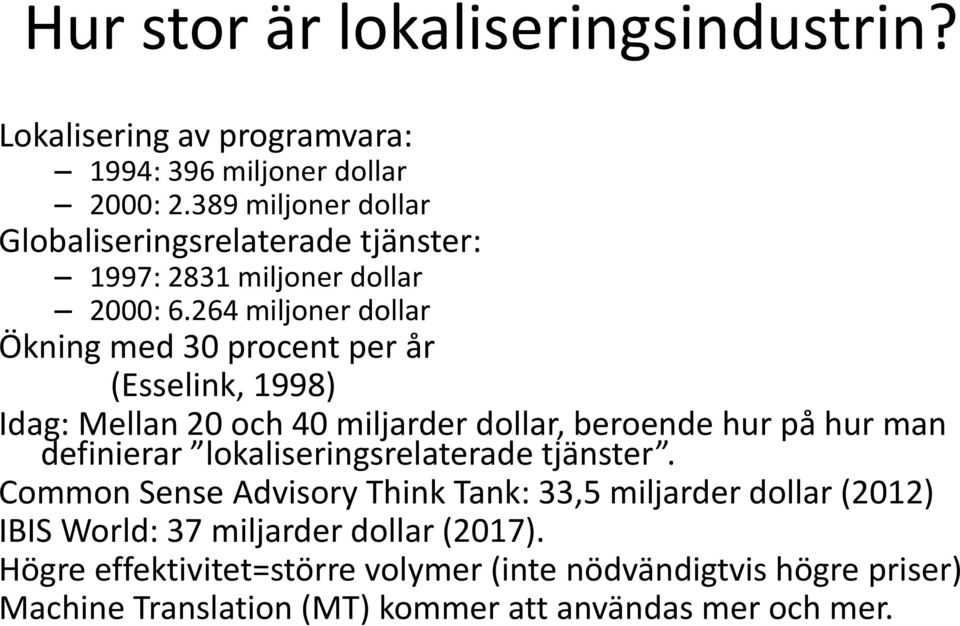 264 miljoner dollar Ökning med 30 procent per år (Esselink, 1998) Idag: Mellan 20 och 40 miljarder dollar, beroende hur på hur man definierar