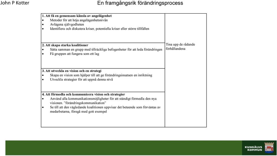 Att skapa starka koalitioner Sätta samman en grupp med tillräckliga befogenheter för att leda förändringen Få gruppen att fungera som ett lag Tina upp de rådande förhållandena 3.