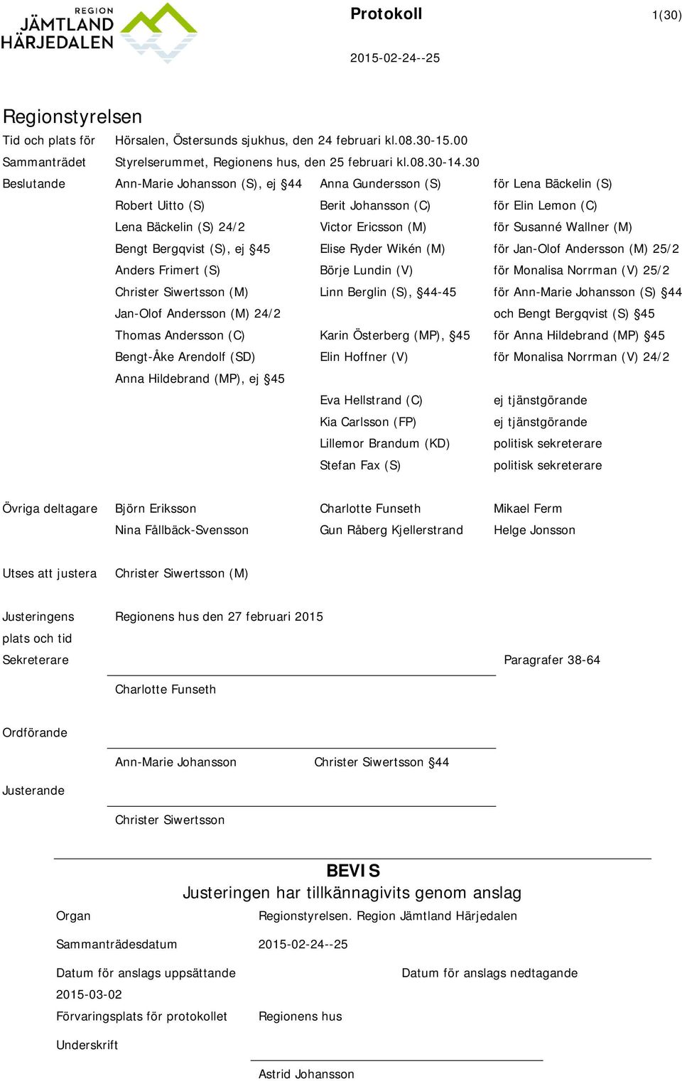 (C) Bengt-Åke Arendolf (SD) Anna Hildebrand (MP), ej 45 Anna Gundersson (S) Berit Johansson (C) Victor Ericsson (M) Elise Ryder Wikén (M) Börje Lundin (V) Linn Berglin (S), 44-45 Karin Österberg