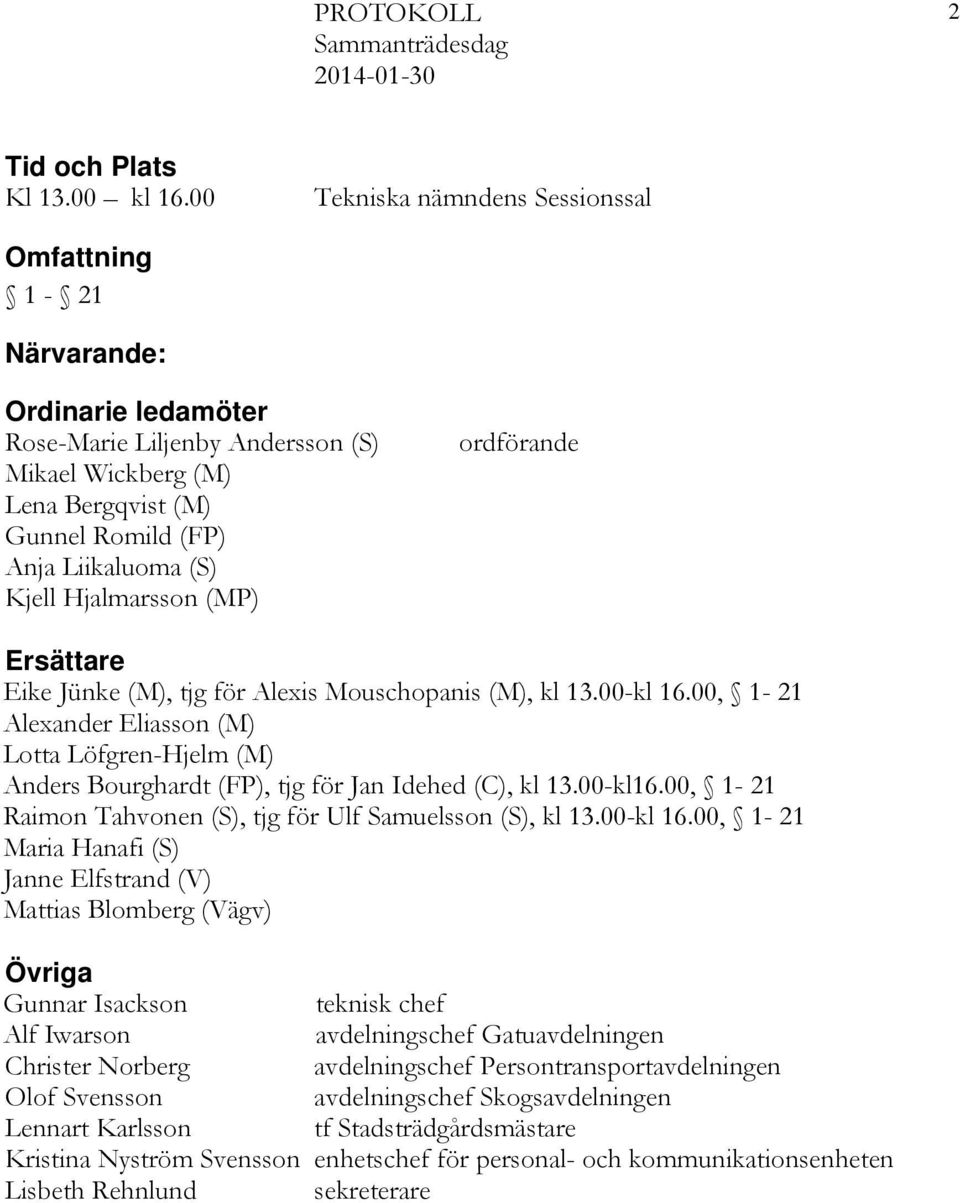 Hjalmarsson (MP) ordförande Ersättare Eike Jünke (M), tjg för Alexis Mouschopanis (M), kl 13.00-kl 16.