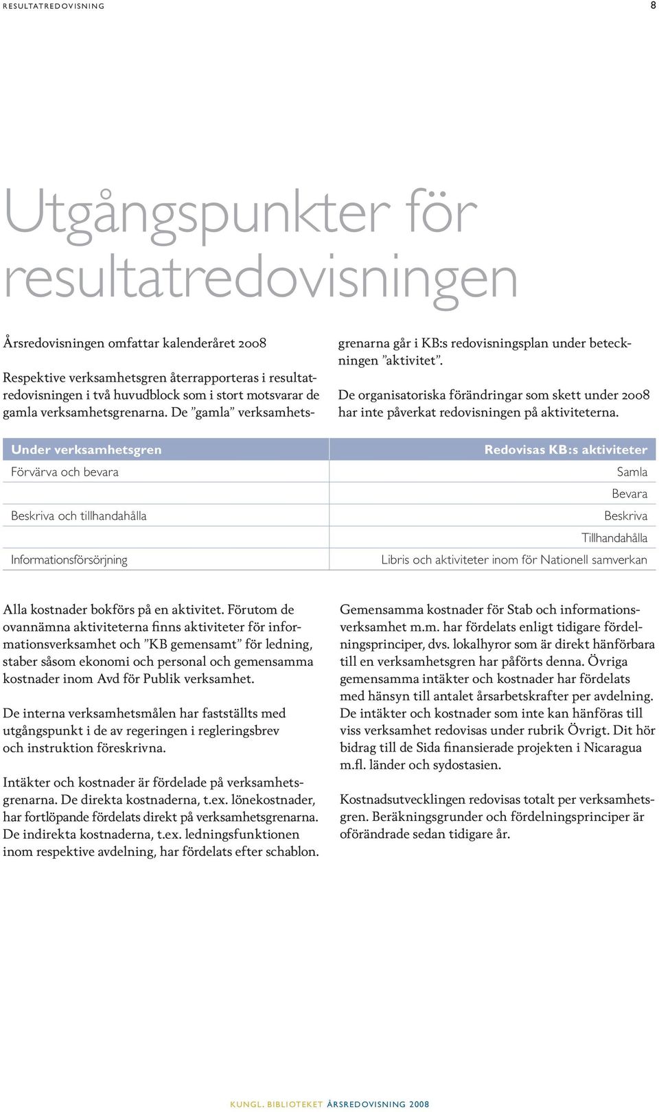 De gamla verksamhetsgrenarna går i KB:s redovisningsplan under beteckningen aktivitet. De organisatoriska förändringar som skett under 2008 har inte påverkat redovisningen på aktiviteterna.