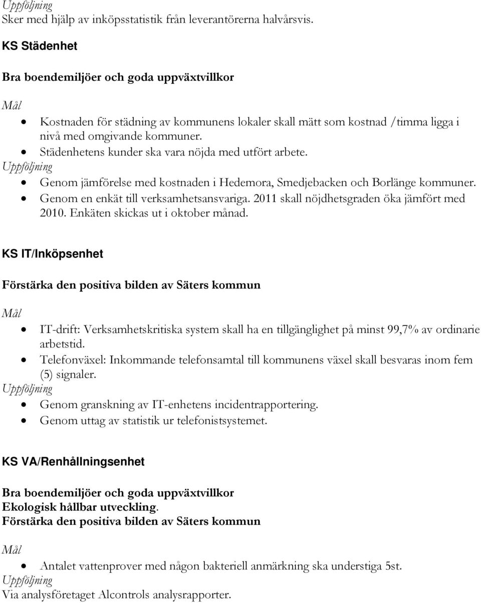 Städenhetens kunder ska vara nöjda med utfört arbete. Uppföljning Genom jämförelse med kostnaden i Hedemora, Smedjebacken och Borlänge kommuner. Genom en enkät till verksamhetsansvariga.