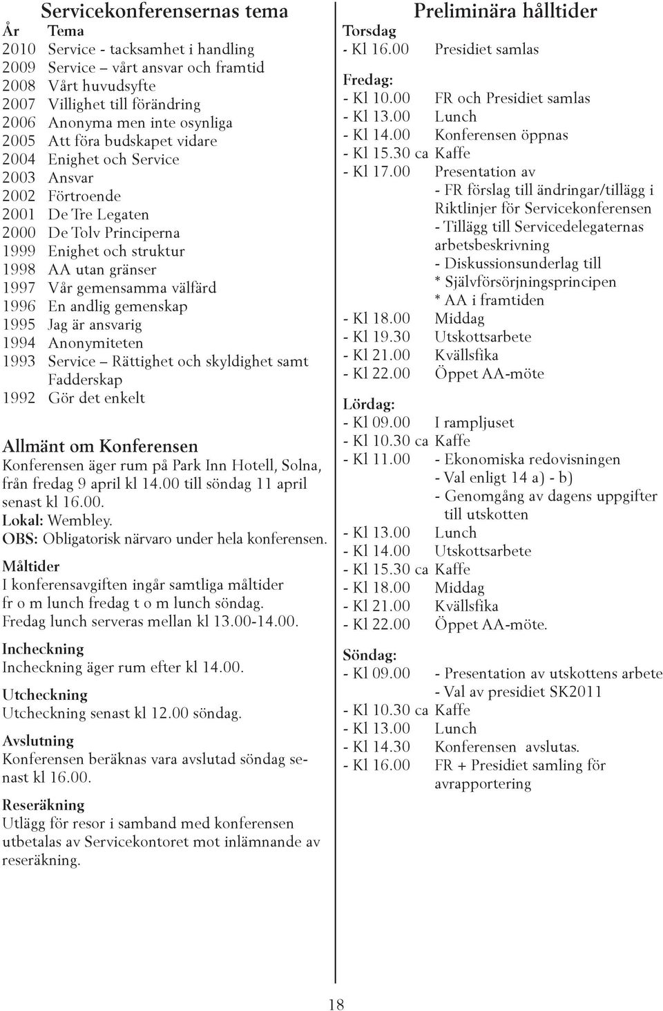 1996 En andlig gemenskap 1995 Jag är ansvarig 1994 Anonymiteten 1993 Service Rättighet och skyldighet samt Fadderskap 1992 Gör det enkelt Allmänt om Konferensen Konferensen äger rum på Park Inn