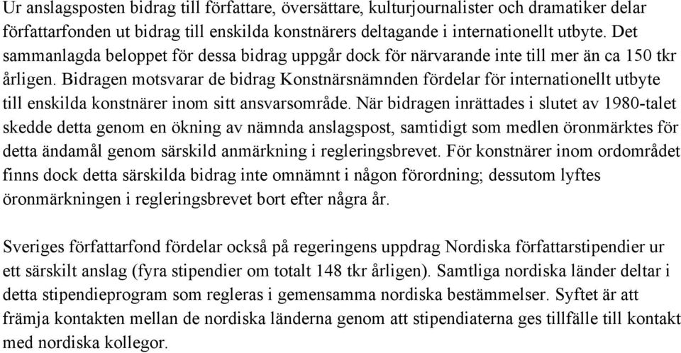 Bidragen motsvarar de bidrag Konstnärsnämnden fördelar för internationellt utbyte till enskilda konstnärer inom sitt ansvarsområde.