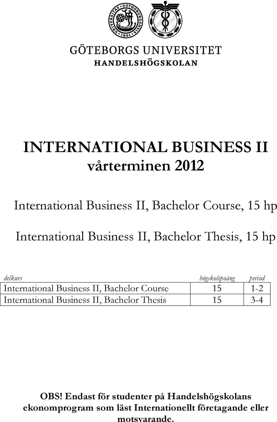 Business II, Bachelor Course 15 1-2 International Business II, Bachelor Thesis 15 3-4 OBS!