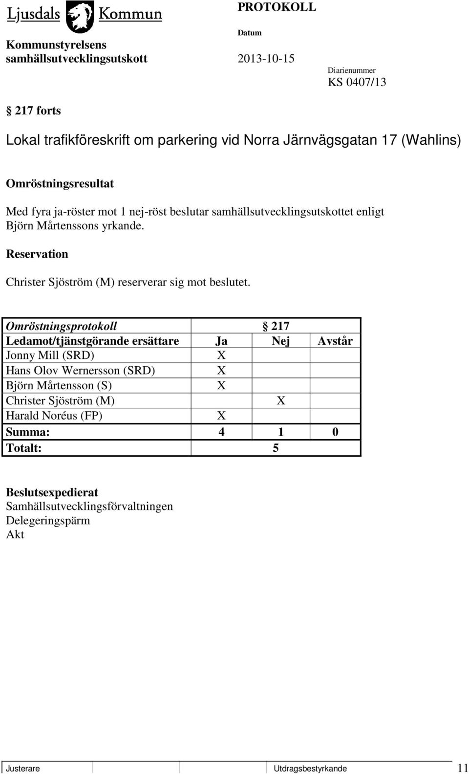 Omröstningsprotokoll 217 Ledamot/tjänstgörande ersättare Ja Nej Avstår Jonny Mill (SRD) X Hans Olov Wernersson (SRD) X Björn Mårtensson (S) X