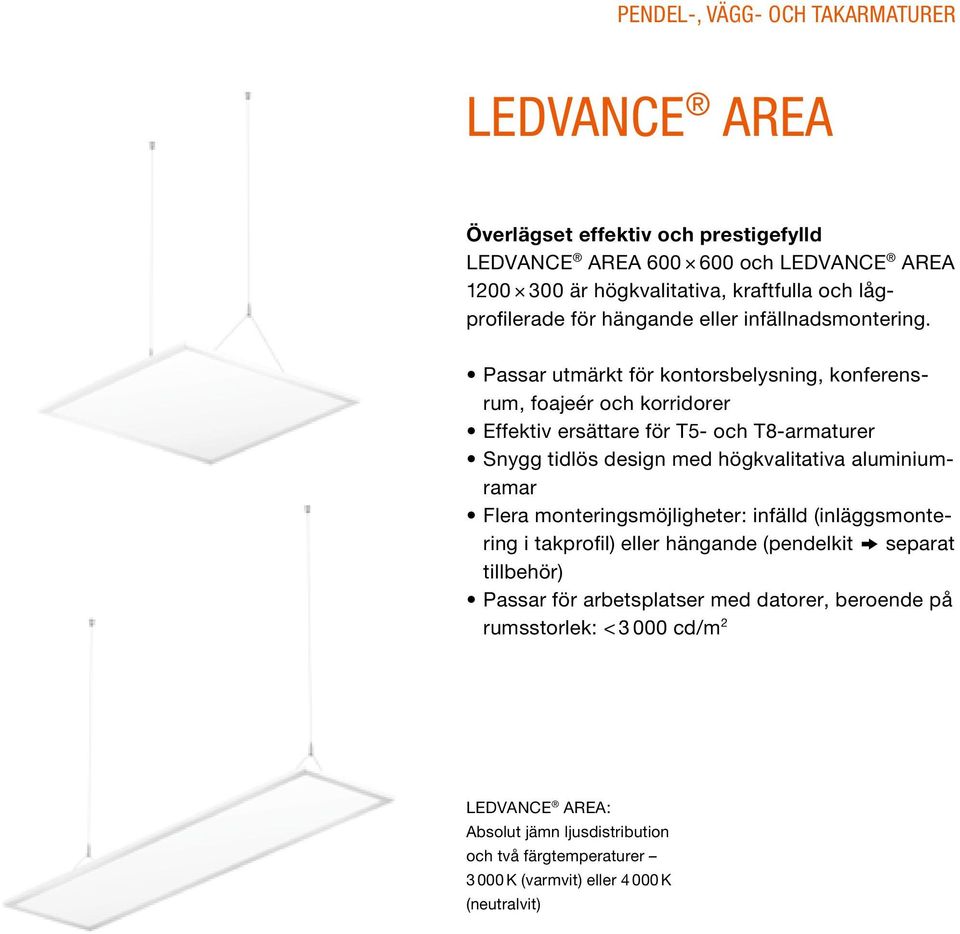 Passar utmärkt för kontorsbelysning, konferensrum, foajeér och korridorer Effektiv ersättare för T5- och T8-armaturer Snygg tidlös design med högkvalitativa aluminiumramar