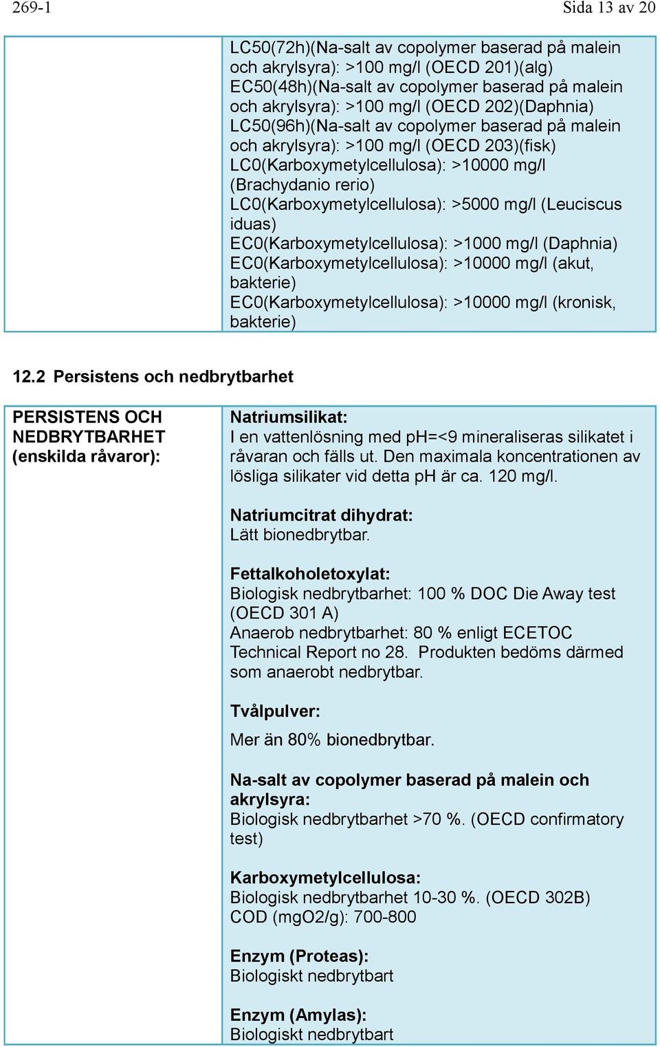 mg/l (Leuciscus iduas) EC0(Karboxymetylcellulosa): >1000 mg/l (Daphnia) EC0(Karboxymetylcellulosa): >10000 mg/l (akut, bakterie) EC0(Karboxymetylcellulosa): >10000 mg/l (kronisk, bakterie) 12.