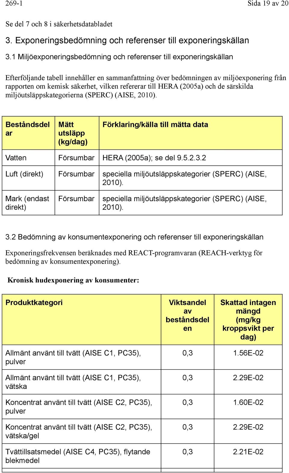 refererar till HERA (2005a) och de särskilda miljöutsläppskategorierna (SPERC) (AISE, 2010).