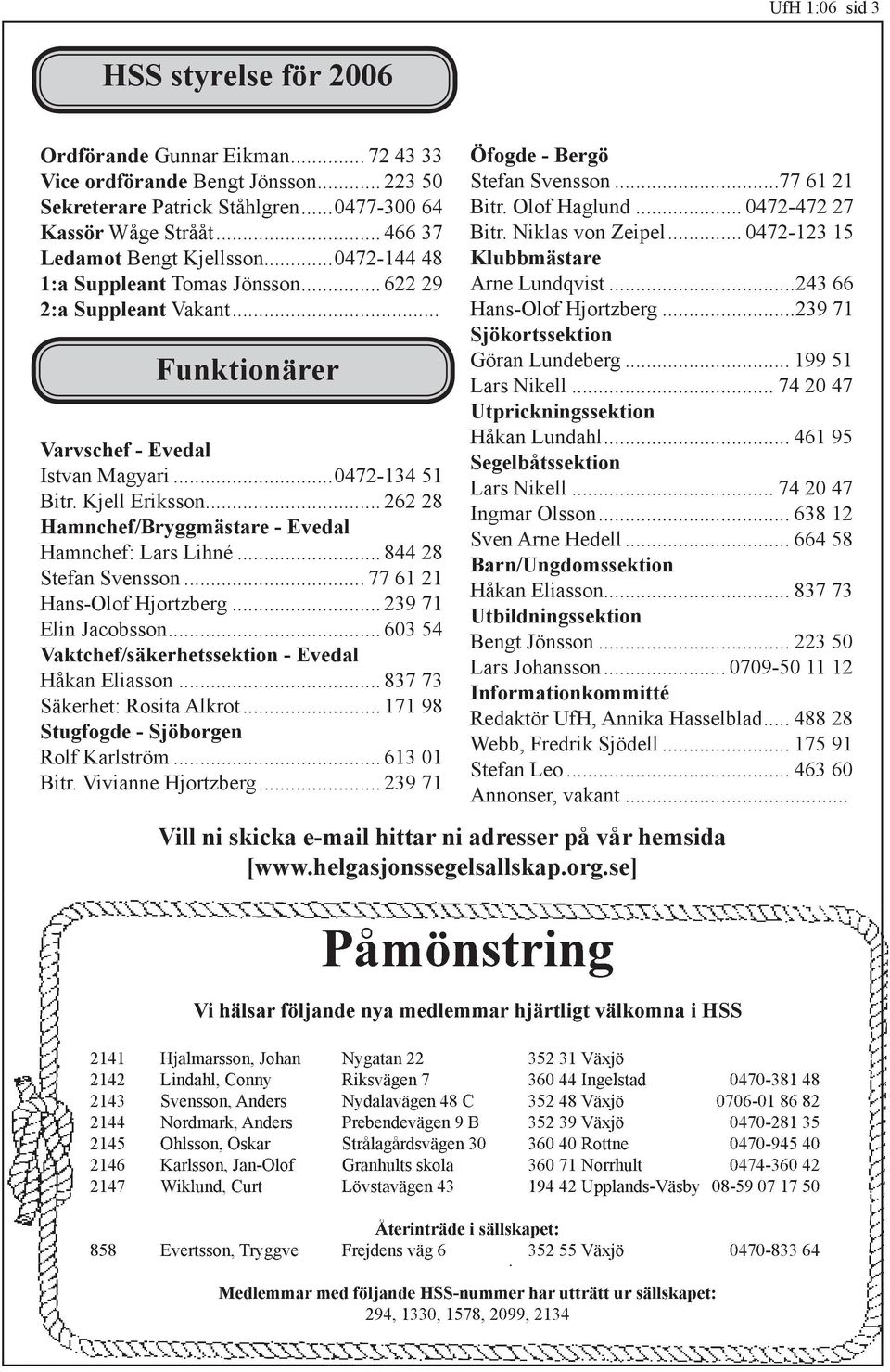 .. 262 28 Hamnchef/Bryggmästare - Evedal Hamnchef: Lars Lihné... 844 28 Stefan Svensson... 77 61 21 Hans-Olof Hjortzberg... 239 71 Elin Jacobsson.