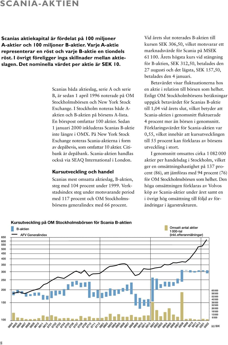 Scanias båda aktieslag, serie A och serie B, är sedan 1 april 1996 noterade på OM Stockholmsbörsen och New York Stock Exchange. I Stockholm noteras både A- aktien och B-aktien på börsens A-lista.