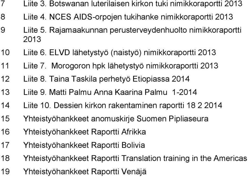 Morogoron hpk lähetystyö nimikkoraportti 2013 12 Liite 8. Taina Taskila perhetyö Etiopiassa 2014 13 Liite 9. Matti Palmu Anna Kaarina Palmu 1-2014 14 Liite 10.