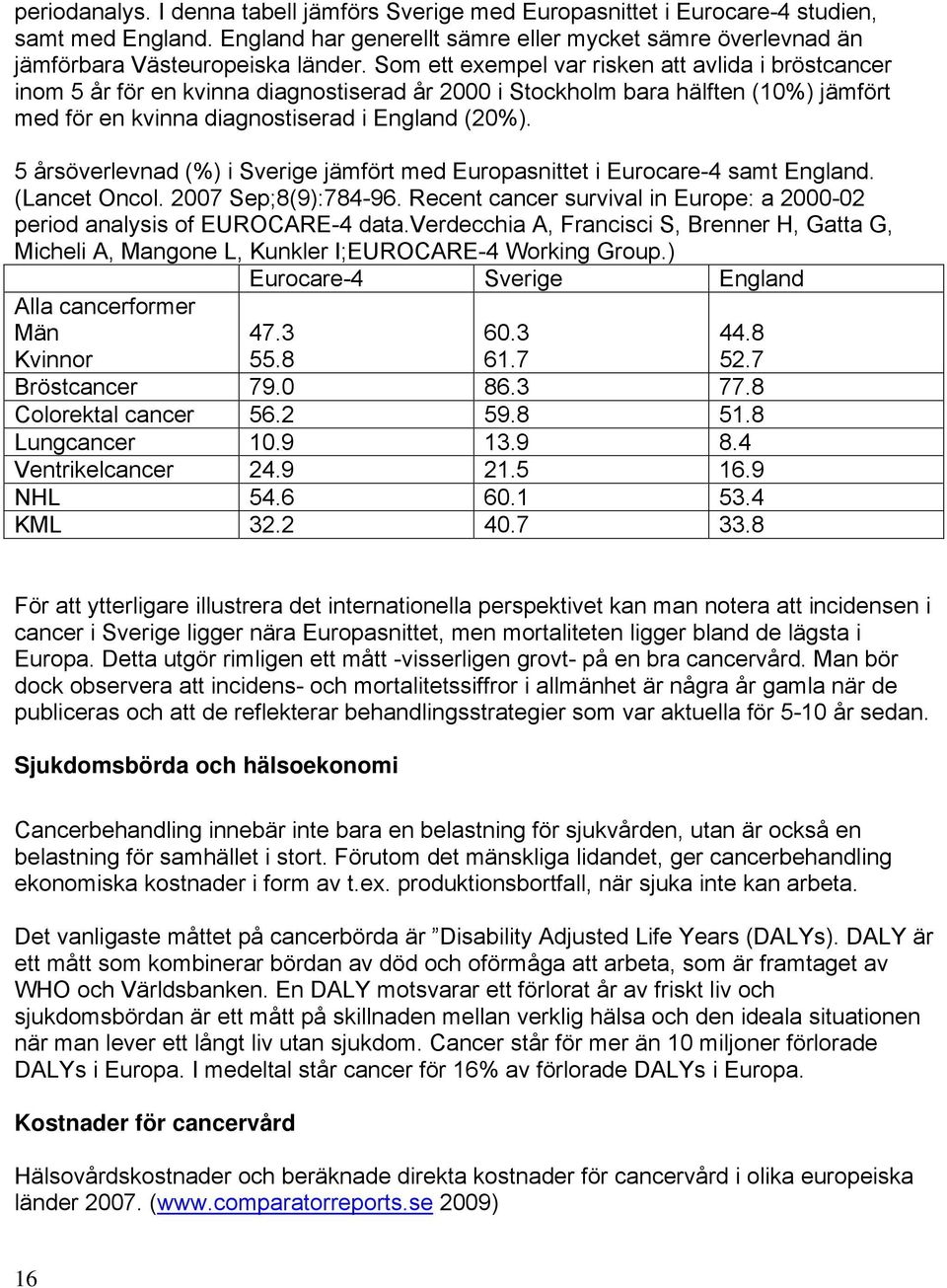 5 årsöverlevnad (%) i jämfört med Europasnittet i Eurocare-4 samt England. (Lancet Oncol. 27 Sep;8(9):784-96. Recent cancer survival in Europe: a 2-2 period analysis of EUROCARE-4 data.