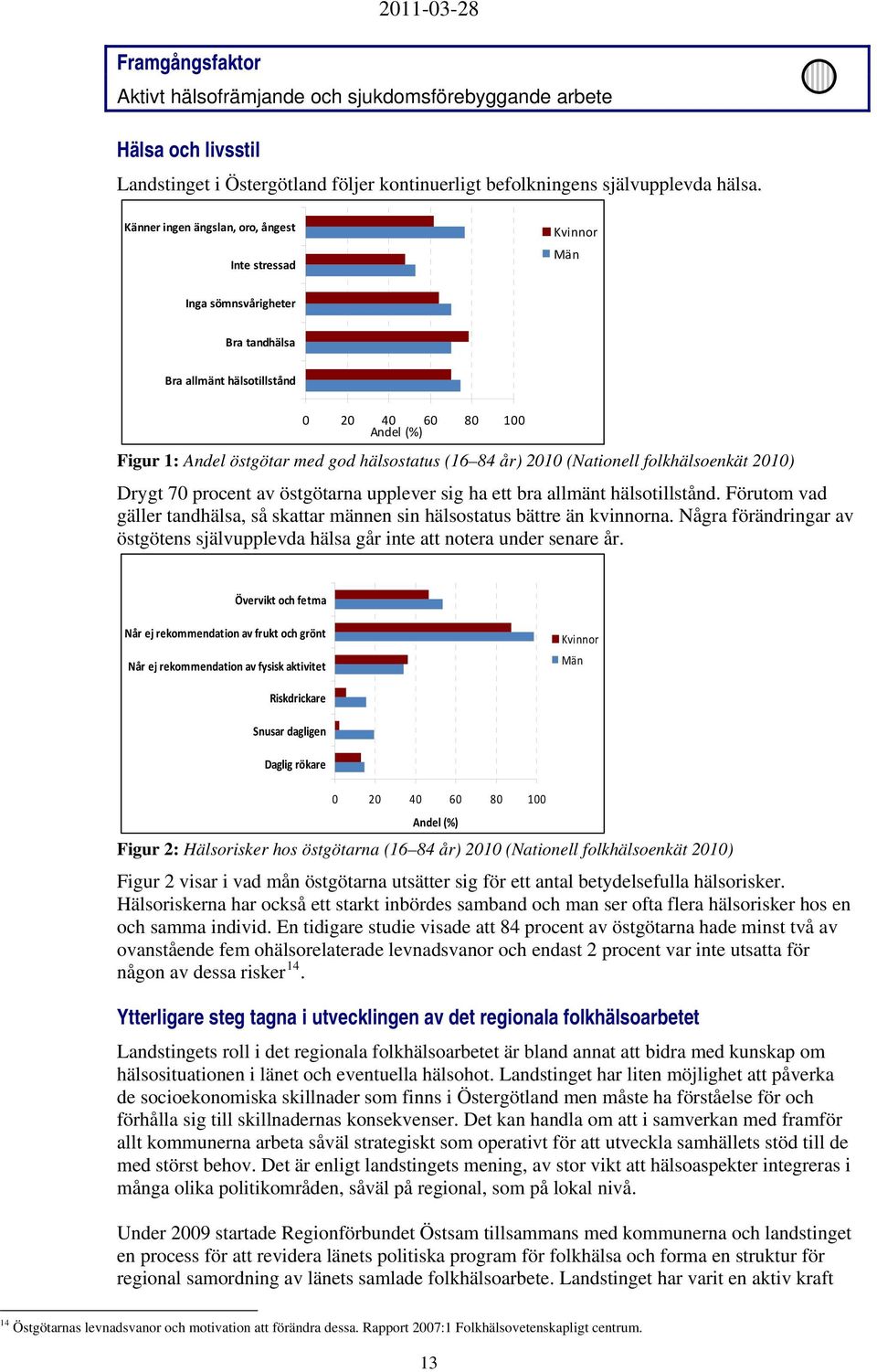 84 år) 2010 (Nationell folkhälsoenkät 2010) Drygt 70 procent av östgötarna upplever sig ha ett bra allmänt hälsotillstånd.