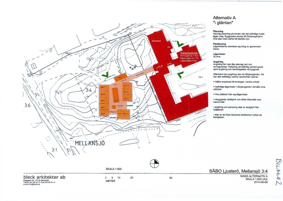 Parkering på befintlig parkeringsyta samt angöring och handikapplats vid byggnad. Alternativt kan angöring ske via Görjansgården. Då kan den befintliga vackra naturtomten sparas.