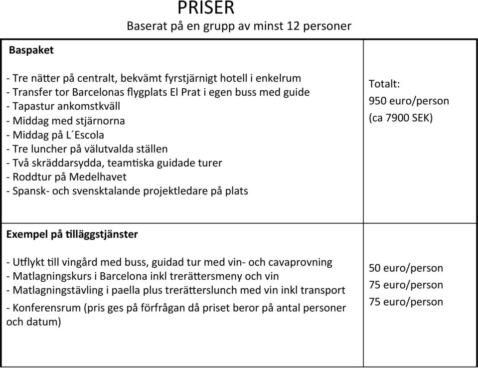 projektledare på plats Totalt: 950 euro/person (ca 7900 SEK) Exempel på )lläggstjänster - Ullykt 9ll vingård med buss, guidad tur med vin- och cavaprovning - Matlagningskurs i Barcelona inkl