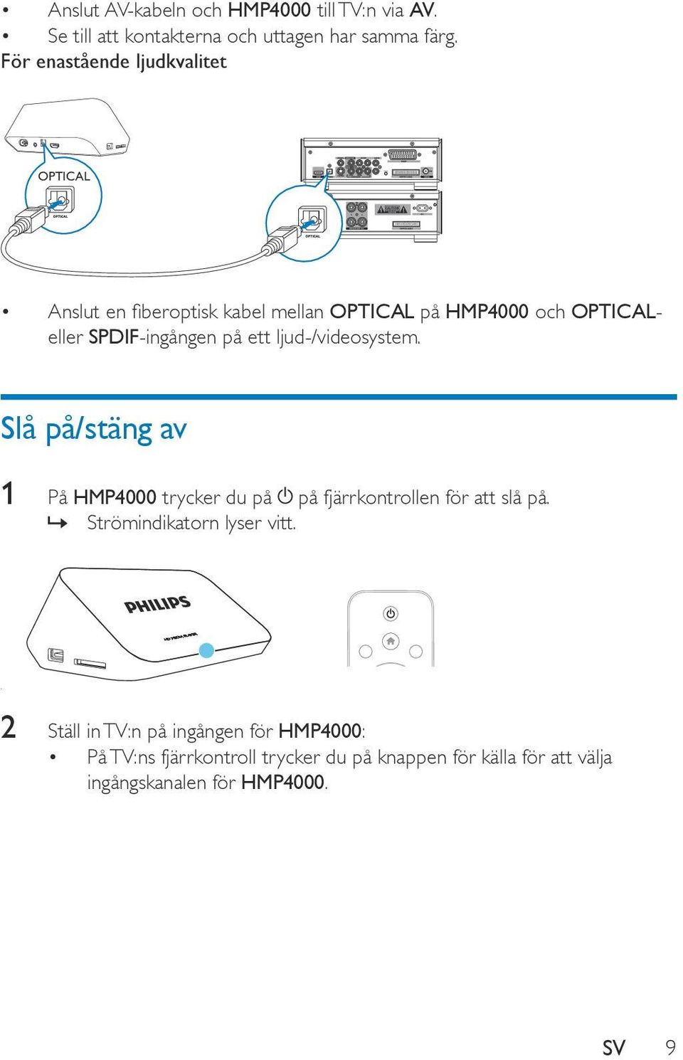 på ett ljud-/videosystem. Slå på/stäng av 1 På HMP4000 trycker du på på fjärrkontrollen för att slå på.