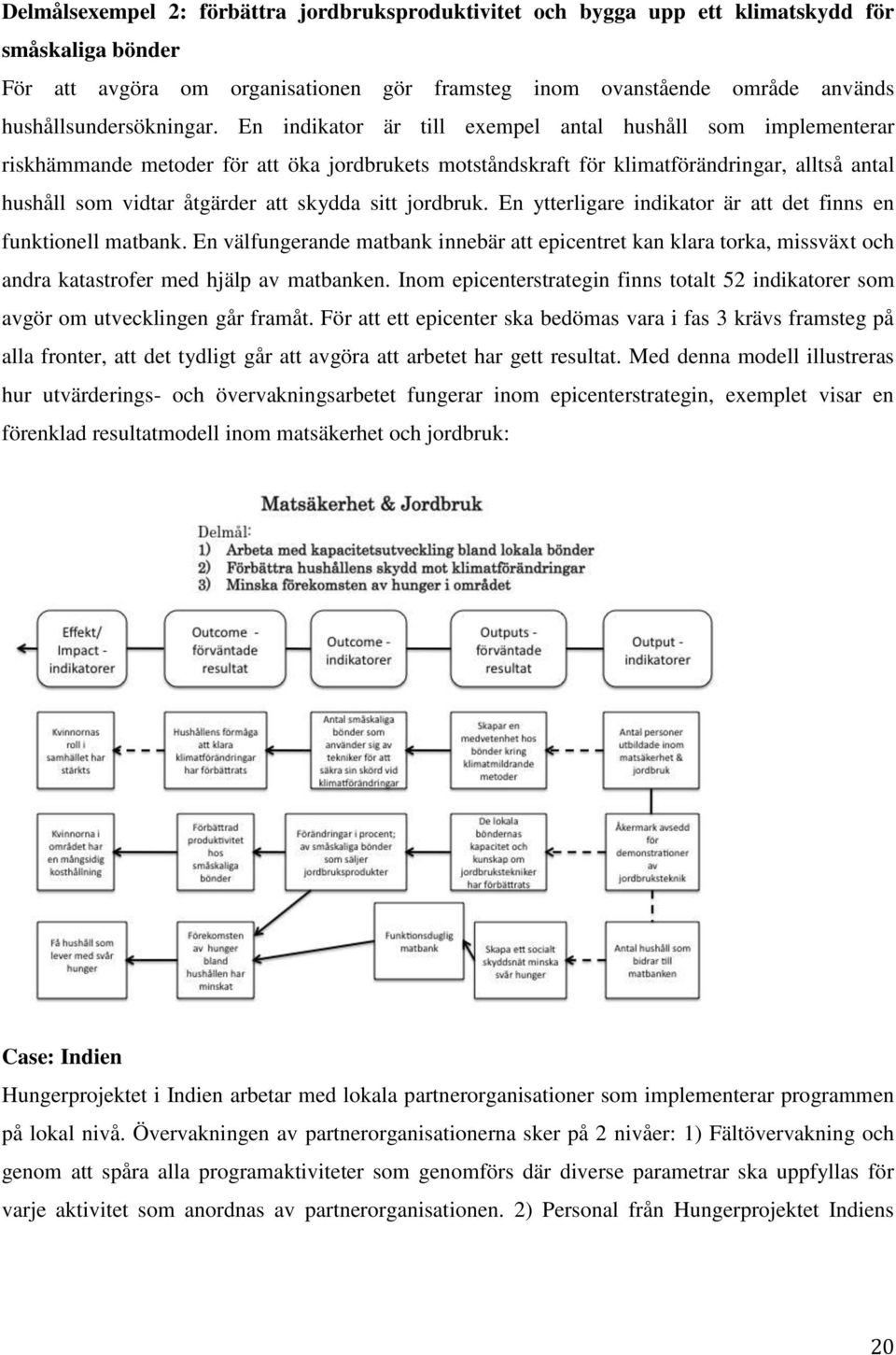 En indikator är till exempel antal hushåll som implementerar riskhämmande metoder för att öka jordbrukets motståndskraft för klimatförändringar, alltså antal hushåll som vidtar åtgärder att skydda