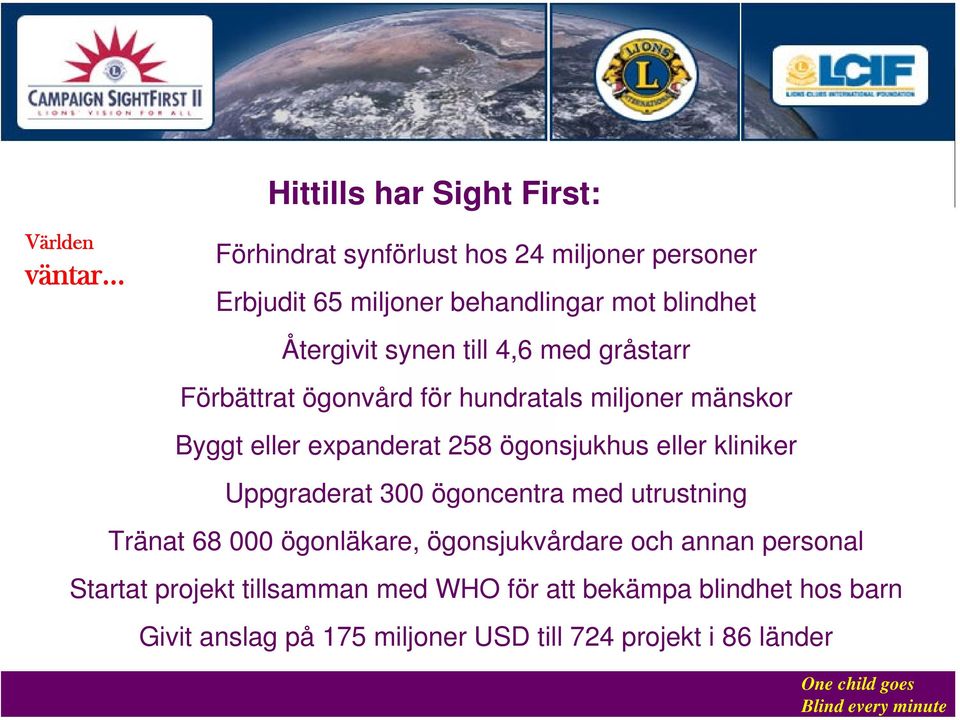 ögonsjukhus eller kliniker Uppgraderat 300 ögoncentra med utrustning Tränat 68 000 ögonläkare, ögonsjukvårdare och annan