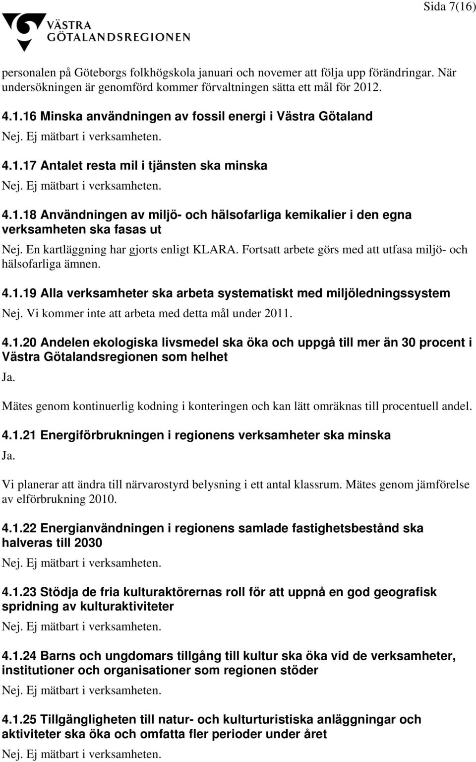 Fortsatt arbete görs med att utfasa miljö- och hälsofarliga ämnen. 4.1.19 Alla verksamheter ska arbeta systematiskt med miljöledningssystem Nej. Vi kommer inte att arbeta med detta mål under 2011. 4.1.20 Andelen ekologiska livsmedel ska öka och uppgå till mer än 30 procent i Västra Götalandsregionen som helhet Ja.