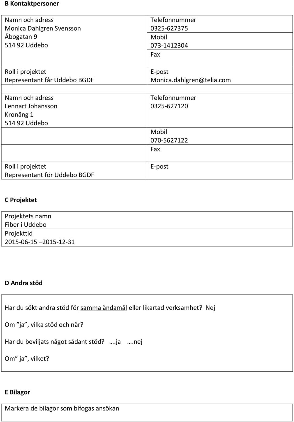 com Telefonnummer 0325-627120 Mobil 070-5627122 Fax E-post C Projektet Projektets namn Fiber i Uddebo Projekttid 2015-06-15 2015-12-31 D Andra stöd Har du sökt andra