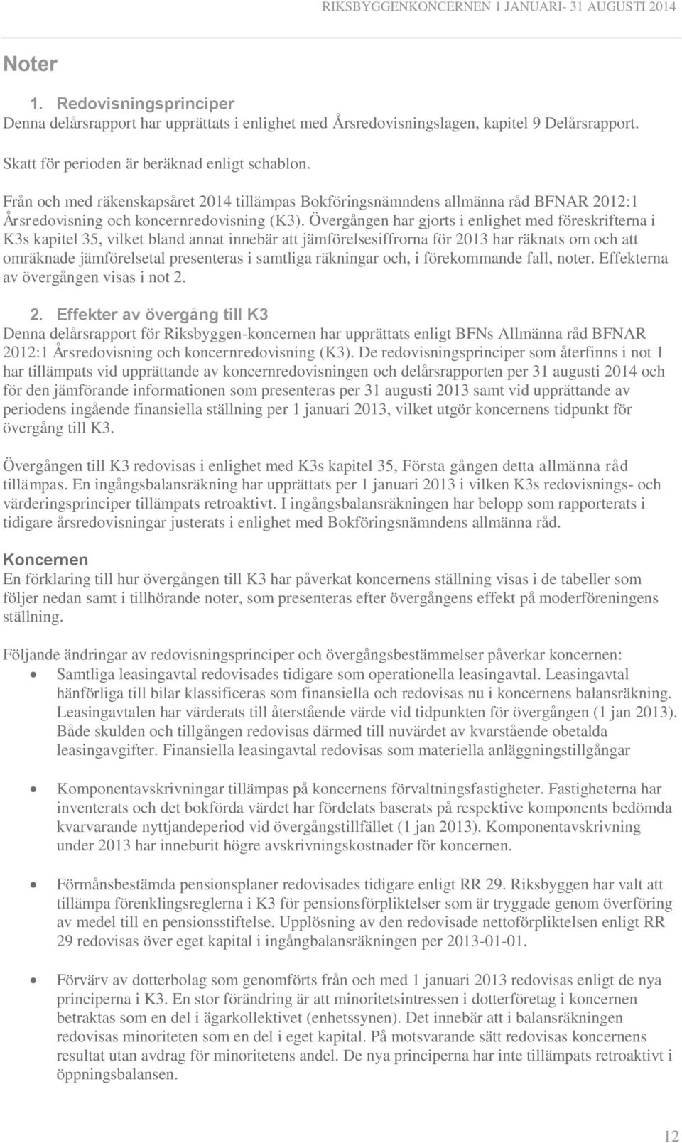 Övergången har gjorts i enlighet med föreskrifterna i K3s kapitel 35, vilket bland annat innebär att jämförelsesiffrorna för 2013 har räknats om och att omräknade jämförelsetal presenteras i samtliga