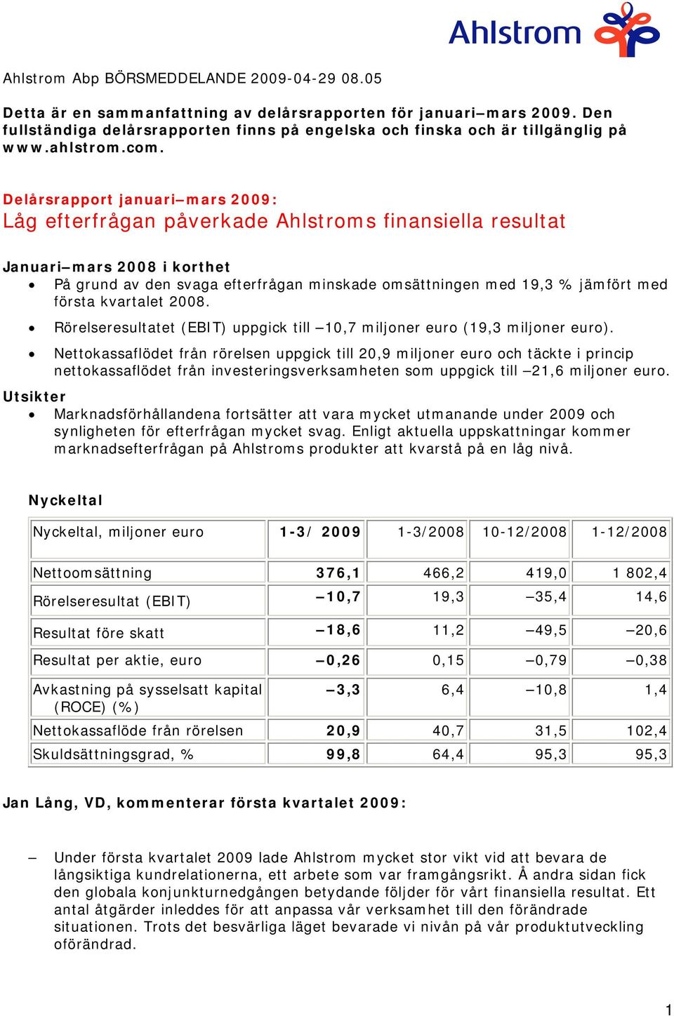 Delårsrapport januari mars 2009: Låg efterfrågan påverkade Ahlstroms finansiella resultat Januari mars 2008 i korthet På grund av den svaga efterfrågan minskade omsättningen med 19,3 % jämfört med